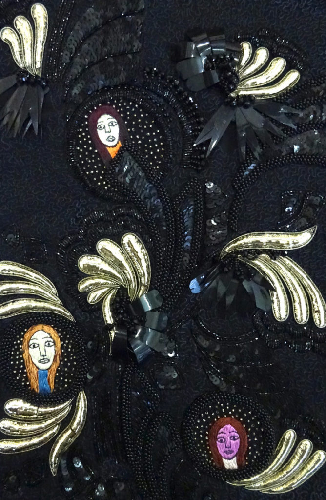Folk art inspired hand-embroidery design by Ricamour Embroideries with thread-work, beads, sequins and gold katha.  
