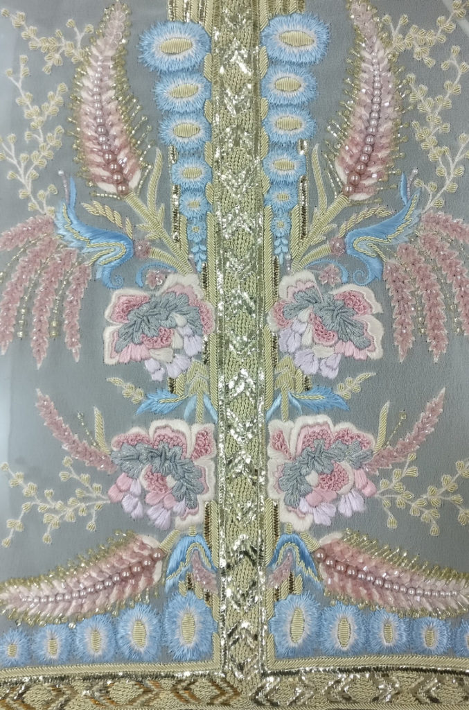 Marie Antoinette inspired hand embroidery with thread-work, pearls, beads and gold work for a couture gown. 