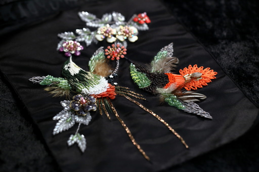 Hand Embroidered Bird & Florals with Raffia Embellishment on bird’s breast & body perfect for a sweater