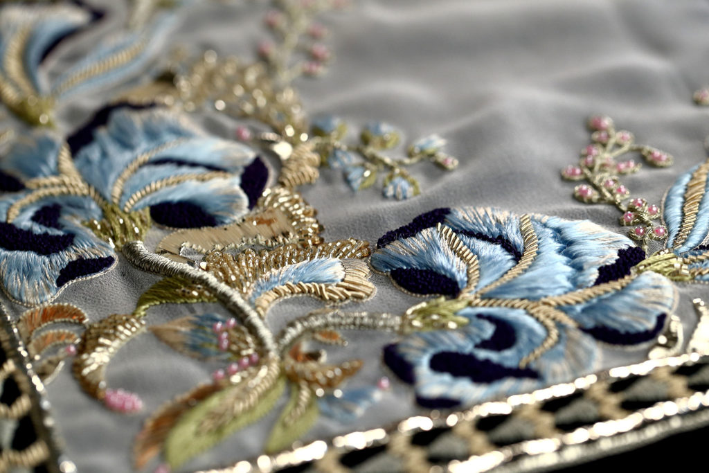 hand beaded couture design on silk with thread work and kasab