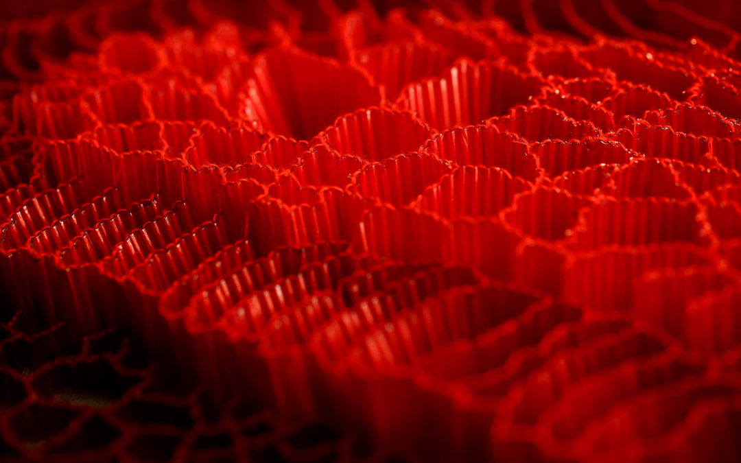 3D couture hand embroidery with standing bugle beads in a striking colour by Ricamour Embroideries