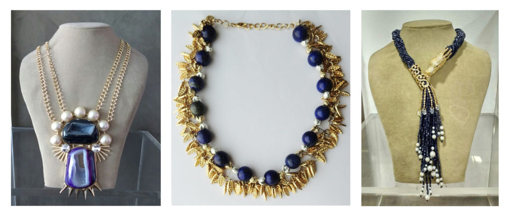 Hand-made statement neckpieces with stones, pearls and crystals by Ricamour Embroideries. 