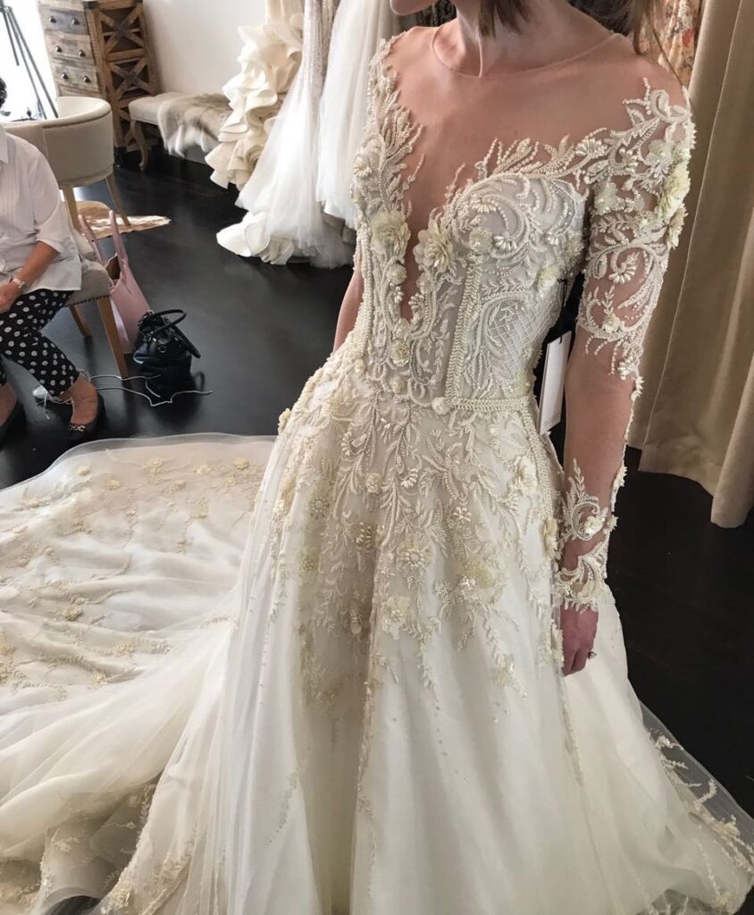 Floral hand-embroidered bridal gown made with bead, crystal, pearl and sequins by Ricamour
