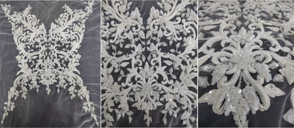 Beaded bridal bodice with 3D effect and sequins by Ricamour Embroideries