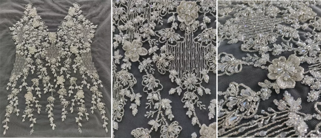 Hand Beaded floral bridal bodice design Bridal bodice design for couture dress with 3D encrusted flowers, crystals, sequins, beads by Ricamour Embroideries