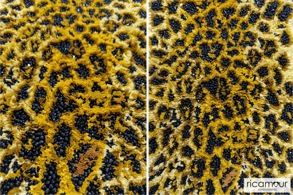A leopard print inspired 3D hand embroidered design with raffia and beads