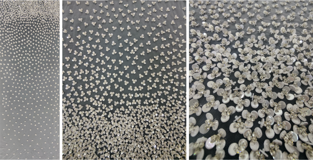 Hand beaded 3D flowers bridal fabric made with crystals and sequins 
