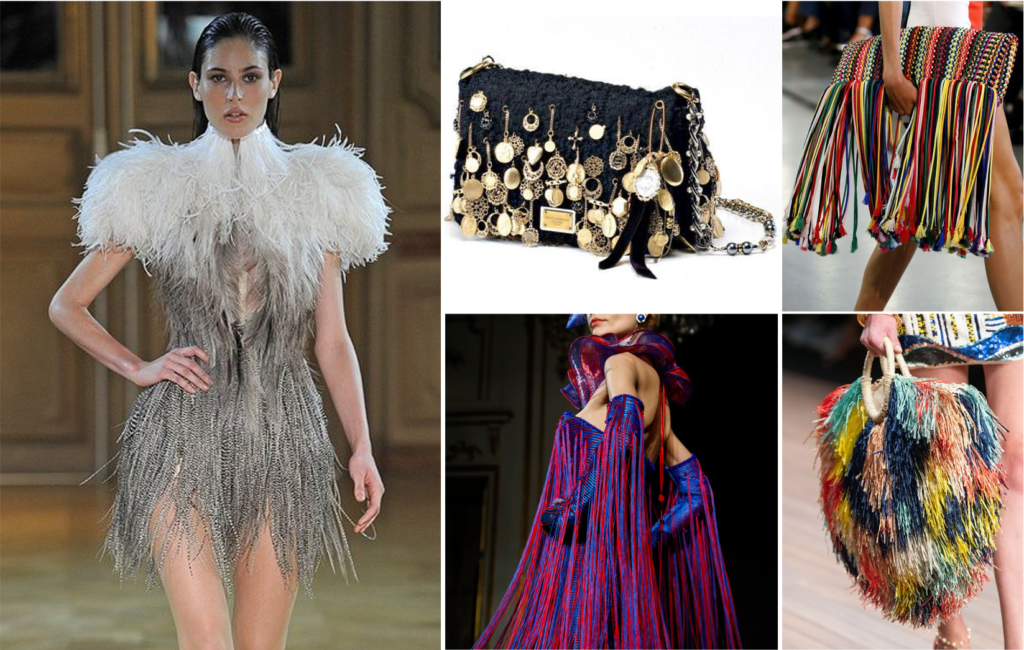 Raffia, chain, yarn fringes 
