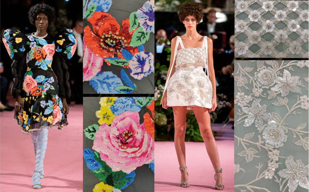 Richard Quinn couture gowns hand-embroidered by Ricamour. Embellished flowers 